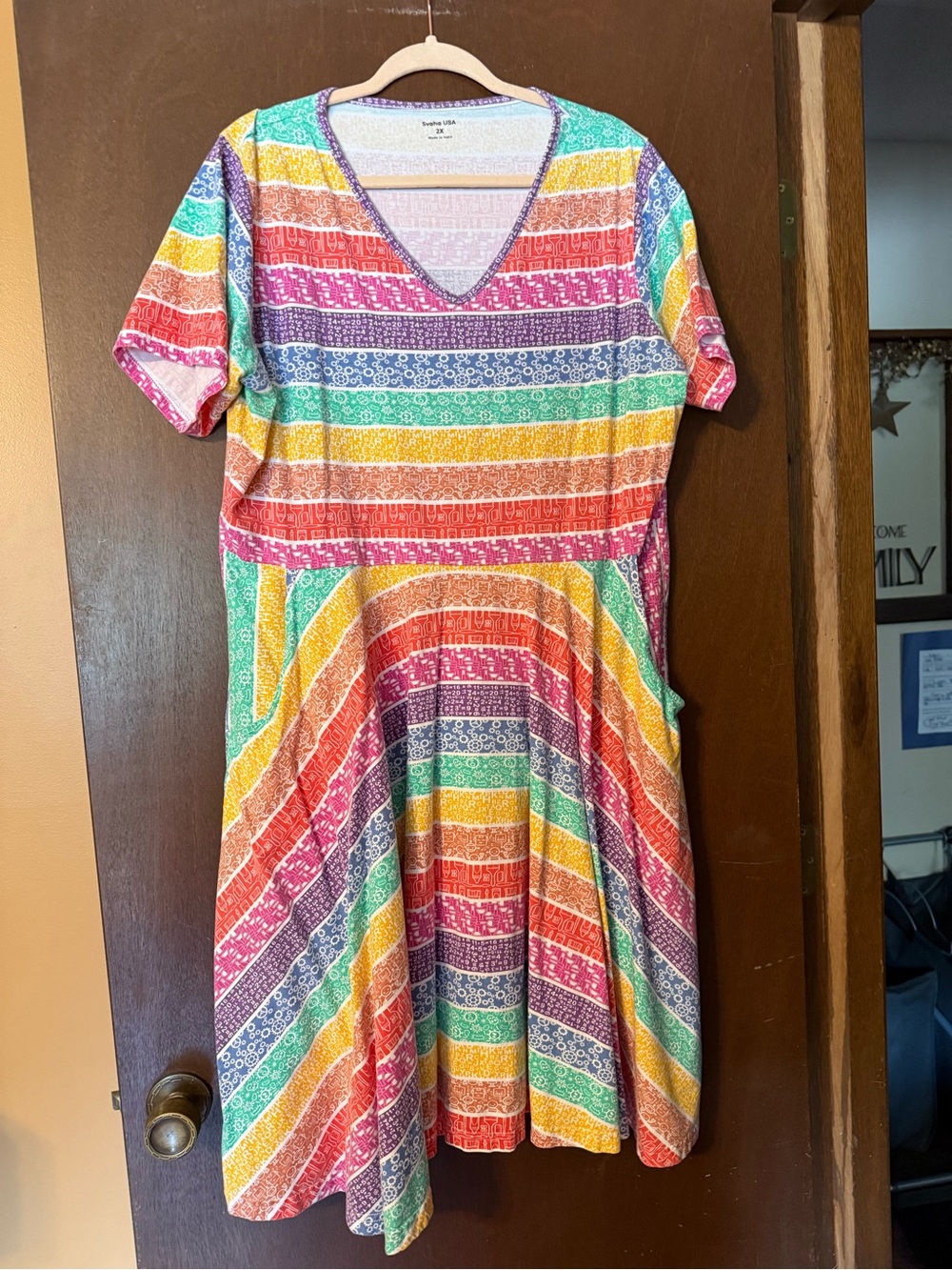 EUC SVAHA Colorful Rainbow Striped V-Neck Steam twirl dress with pockets